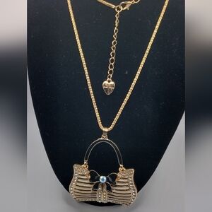 BETSEY JOHNSON GOLD ALLOY PURSE NECKLACE BLACK & WHITE ENAMEL WITH RHINESTONES